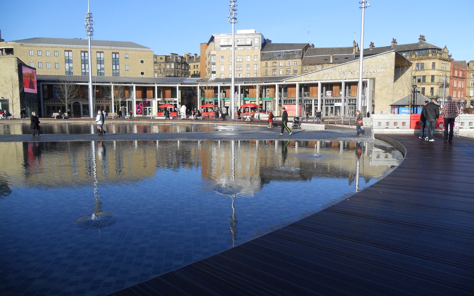 Bradford City Park and the mirror pool in the city centre